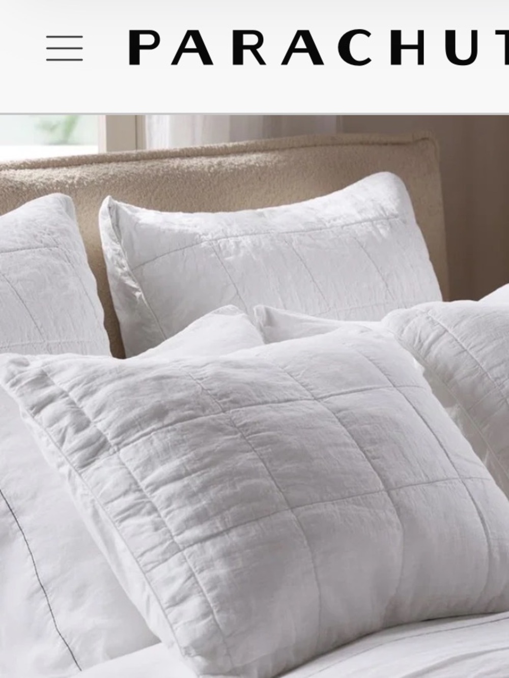 Parachute linen box quilted Euro sham set of 2 white 26x26” pristine immaculate